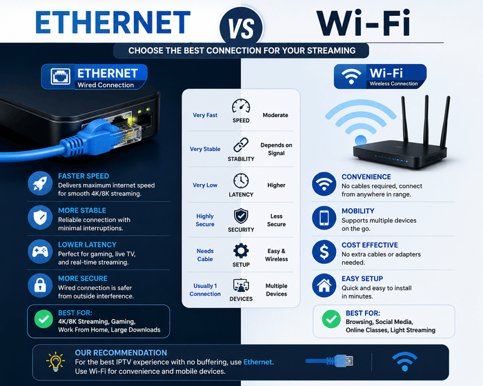Ethernet vs Wi-Fi connection for IPTV streaming on Smart TV