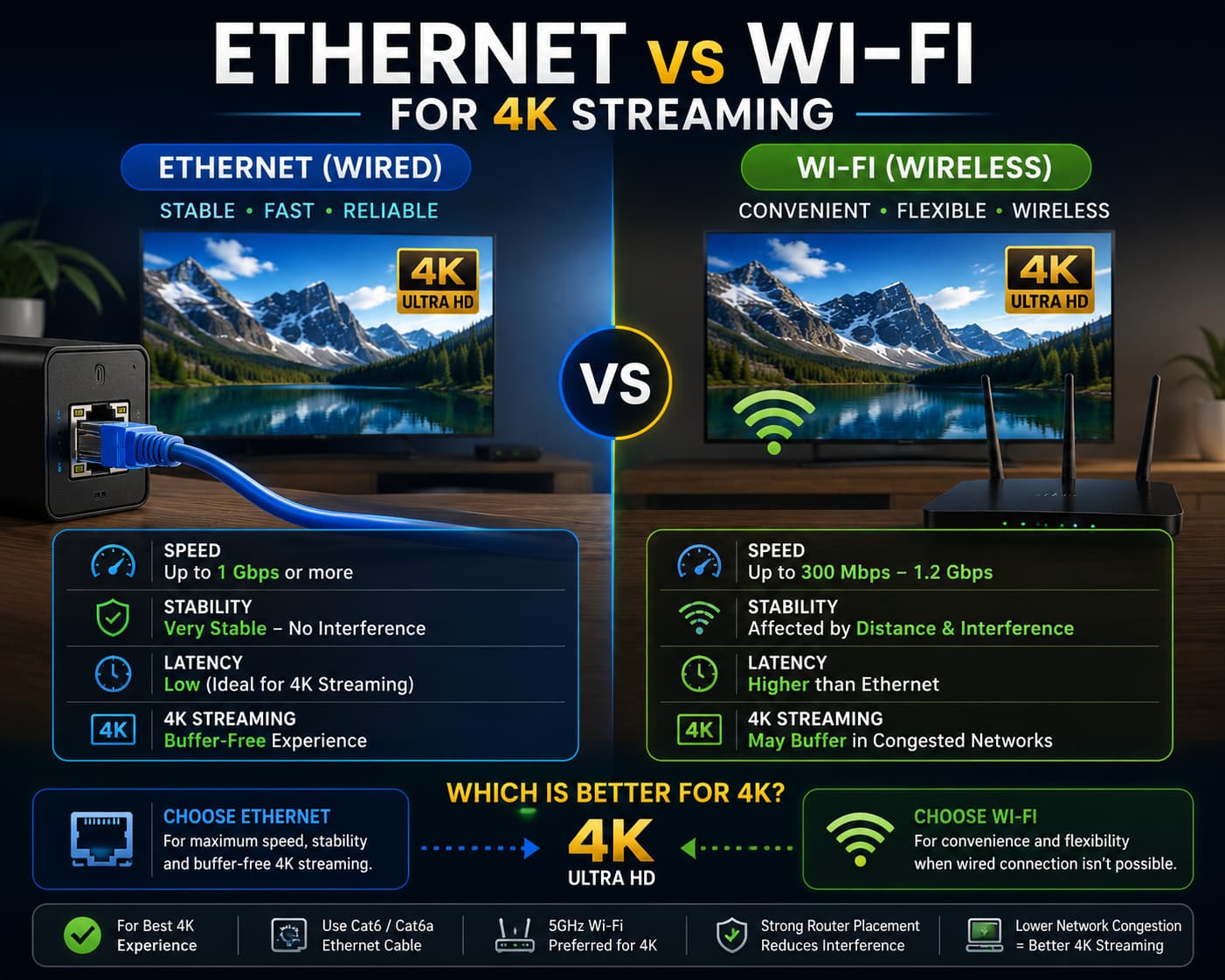 Ethernet compared with Wi-Fi for IPTV 4K streaming